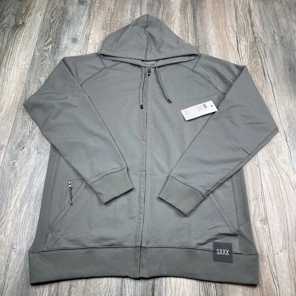 Saxx Down Time Full Zip Hoodie Sweatshirt Men’s Size XL Green Grey Color NEW - Picture 1 of 12